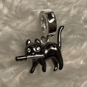 Bracelet Charm Black Cat with Knife & Rhinestone Eyes